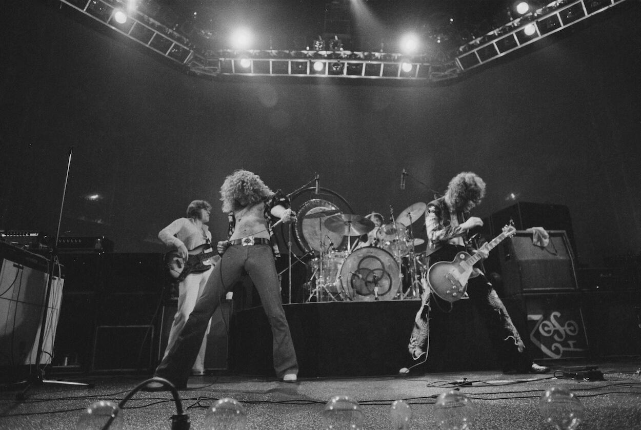 Led Zeppelin members (from left) John Paul Jones, Robert Plant, John Bonham, and Jimmy Page perform at Earl