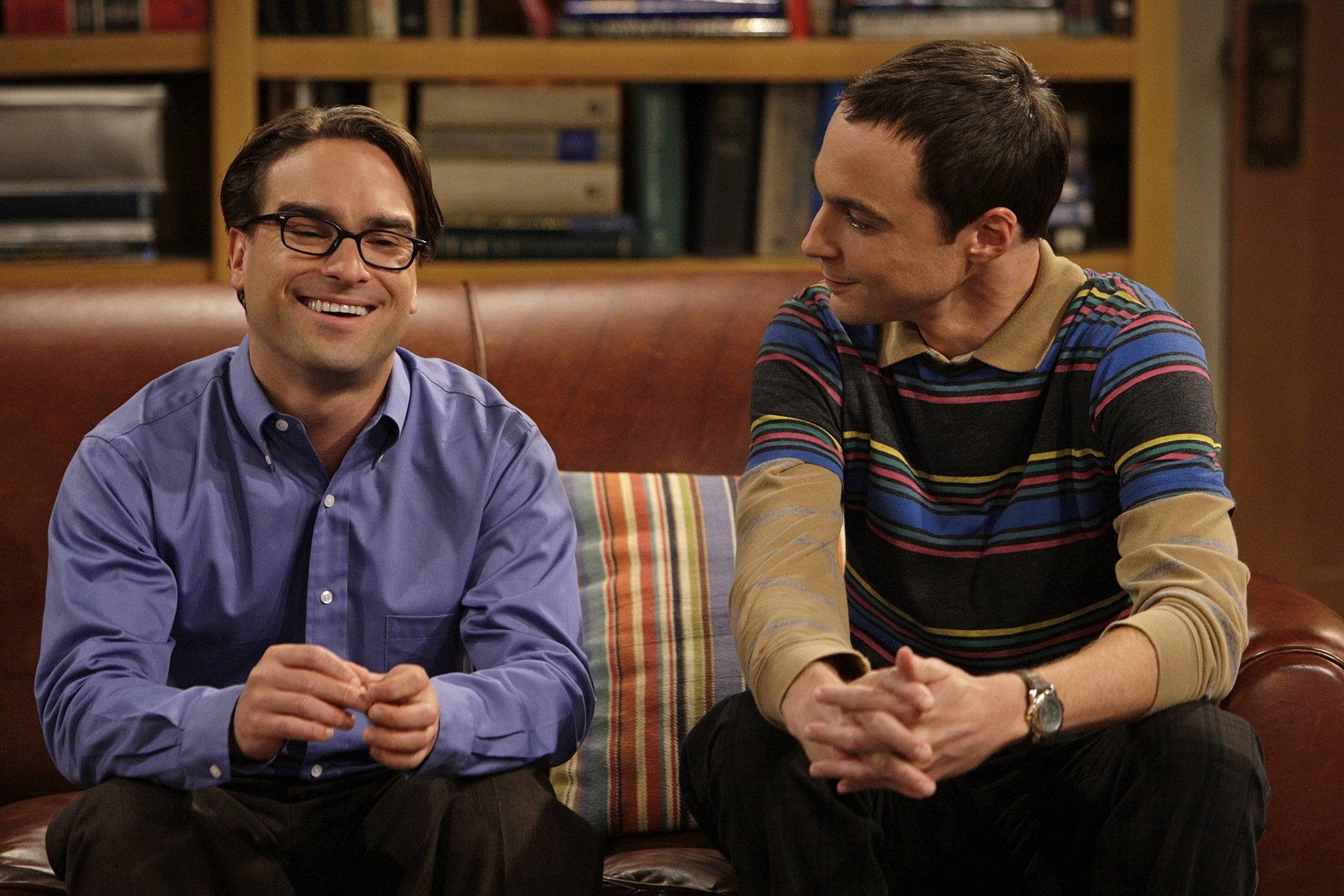 Leonard Hofstadter and Sheldon Cooper sit on the couch in their apartment in an episode of