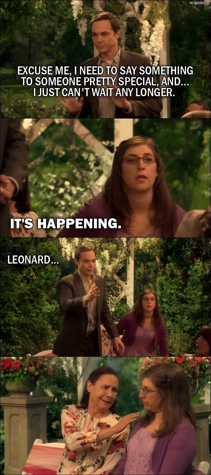 The Big Bang Theory Quote from 10x01 - Sheldon Cooper: Excuse me, I need to say something to someone pretty special, and... I just can't wait any longer. Amy Farrah Fowler: It's happening. Sheldon Cooper: Leonard...